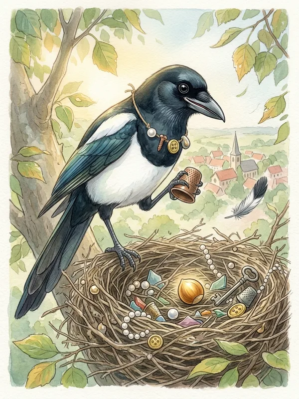 Pattepie la pie, plumes noires et blanches iridescentes, perchée au bord de son nid avec un dé à coudre dans la patte