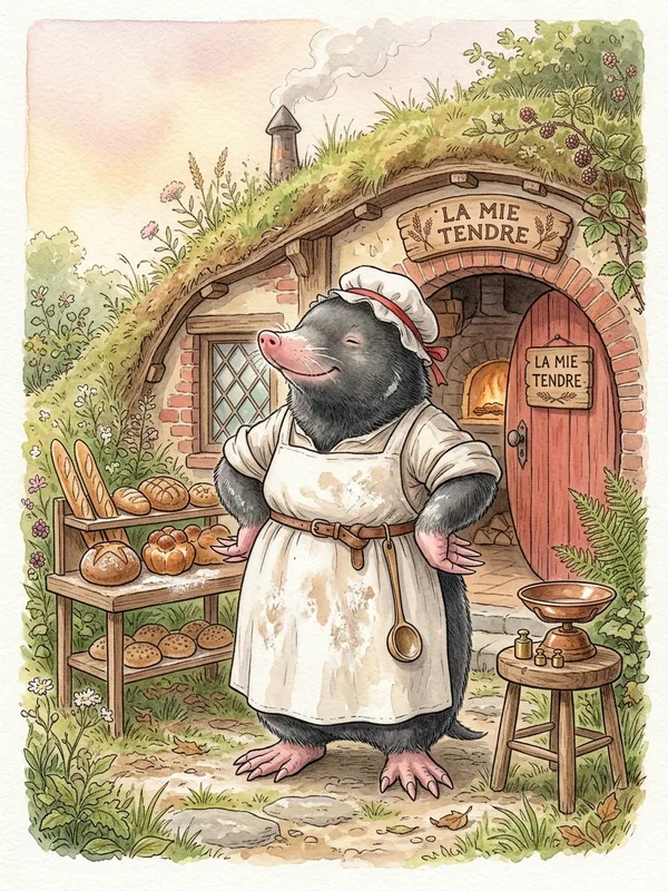 La taupe boulangère devant son terrier, tablier blanc plein de farine, mains-pelles sur les hanches