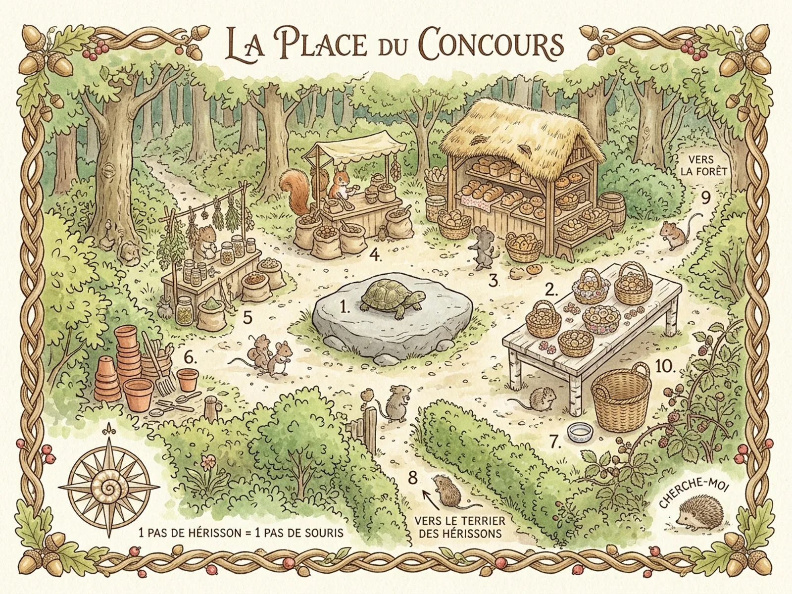 Carte aquarelle du marché et de la place du concours, vue de dessus, avec les étals et les pots de fleurs