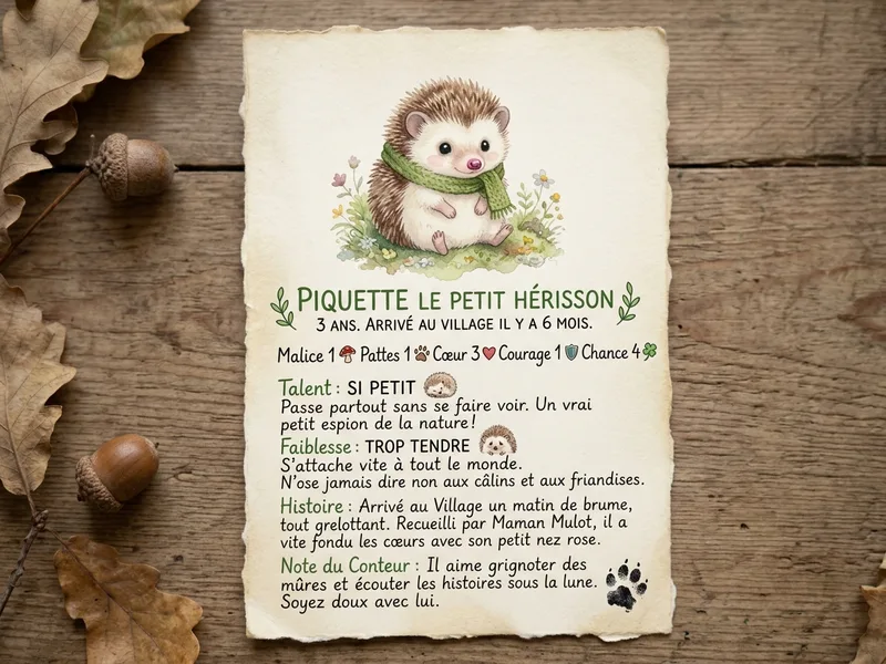 Carte-souvenir de Piquette le petit hérisson, 3 ans, avec ses traits et son histoire