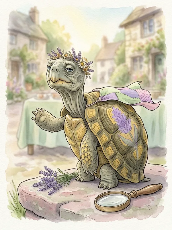 Mémé Tortue Lente sur sa pierre plate, carapace ornée d'une fleur de lavande, couronne de fleurs séchées