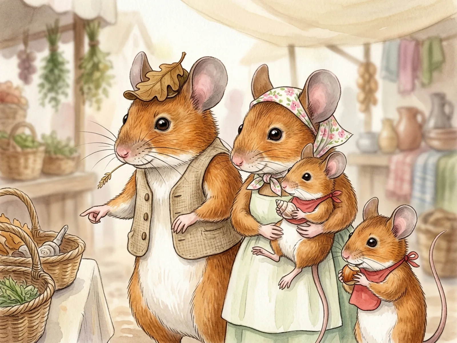 La famille Mulot devant les paniers : papa avec casquette en feuille de chêne, maman avec foulard à fleurs, deux petits curieux