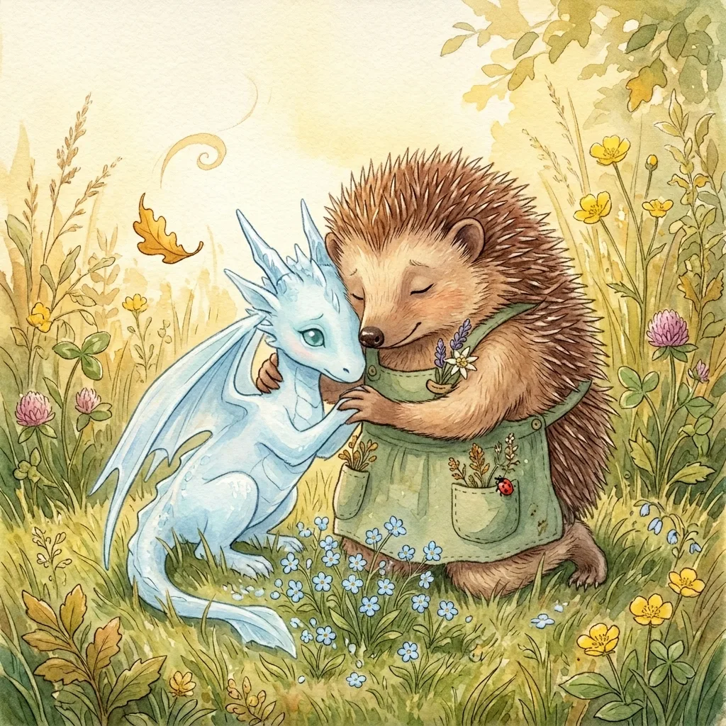 Brindille le hérisson à genoux, Brise le dragon-vent transparent posé contre son épaule, fleurs bleues qui poussent autour