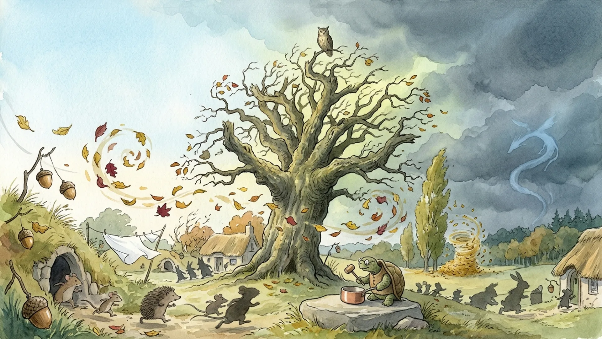 Le Grand Chêne grinçant contre un ciel qui tourne au gris, feuilles d'automne tournoyant dans le vent