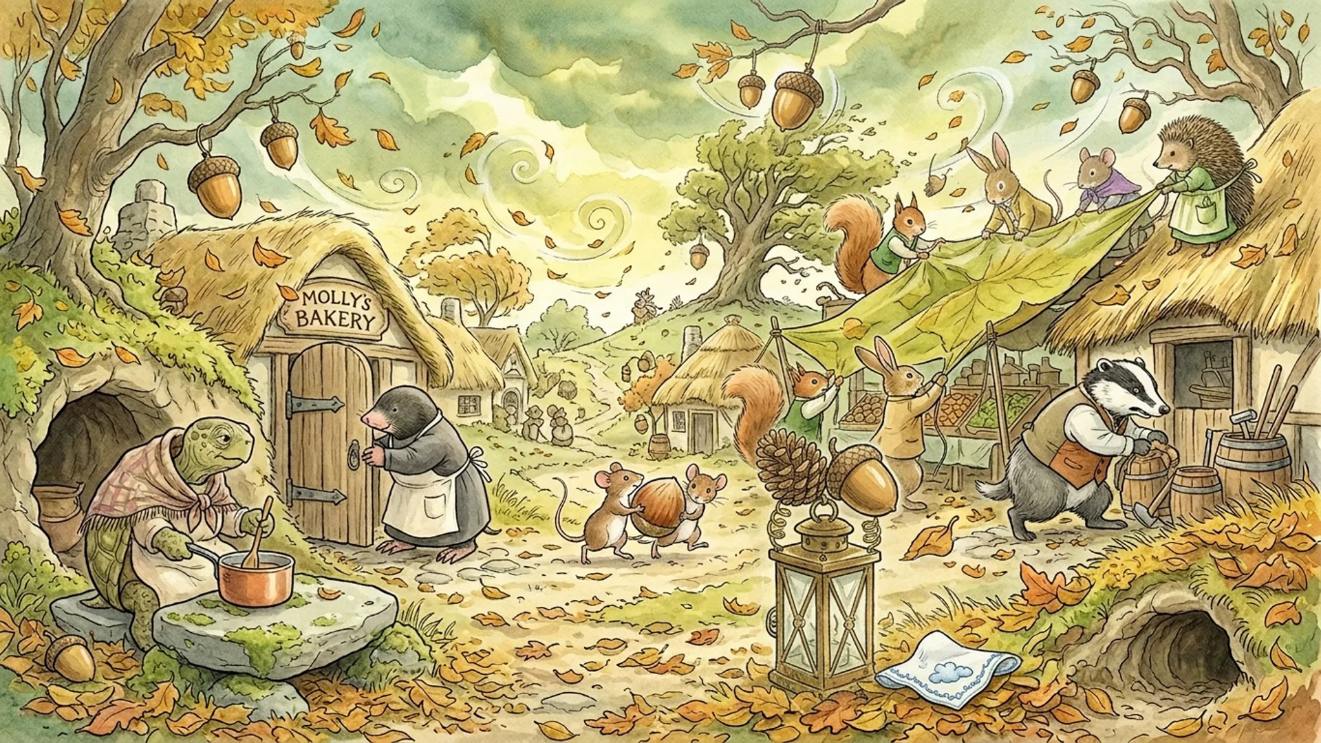 Le village dans la tempête montante, habitants en mouvement, feuilles d'automne tourbillonnantes, Mémé Tortue tape sur sa casserole