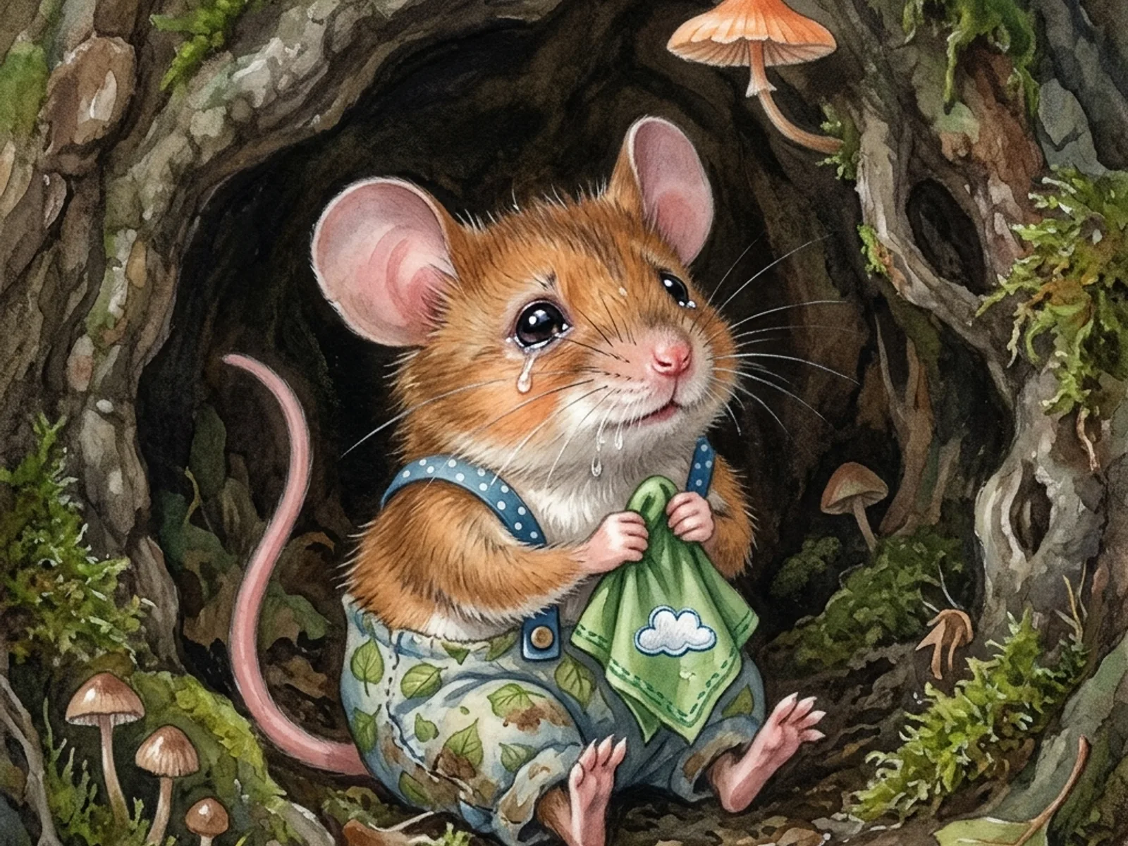 Racine creuse au pied d'un grand hêtre, mousse vert tendre et petits champignons orange, deux petites traces de pattes humides devant