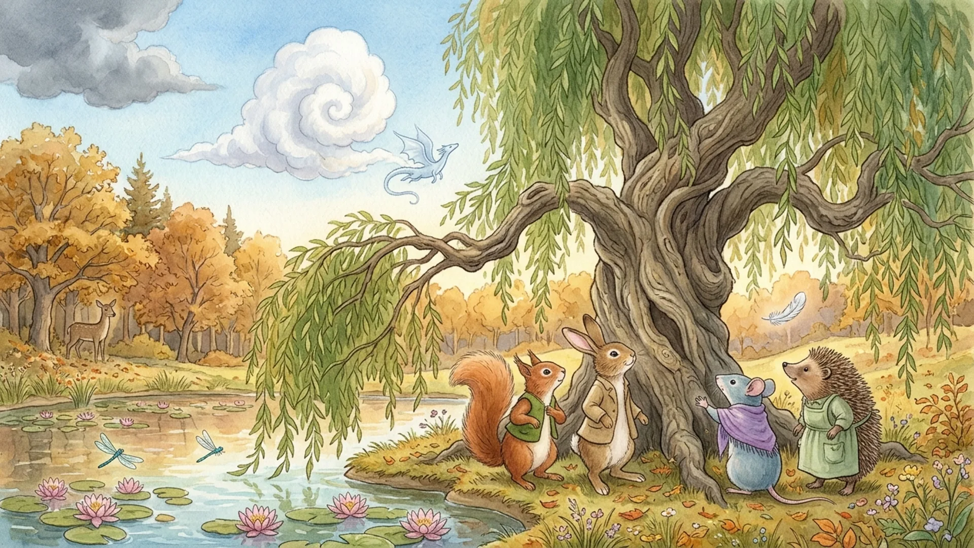 Le Vieux Saule pleureur en fin d'après-midi, branches retombantes, les héros au pied lèvent les yeux vers Brise et sa maman