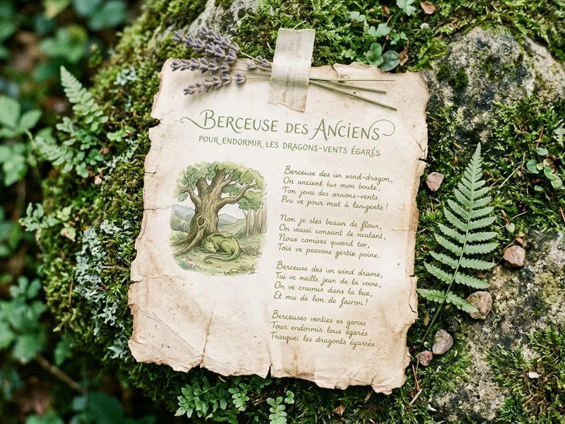 Parchemin en feuille de hêtre séchée avec la Berceuse des Anciens écrite à l'encre verte, miniature d'un dragon-vent endormi