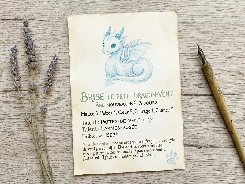 Carte de Brise le petit dragon-vent, dessinée en aquarelle bleue très diluée, avec ses traits et ses talents