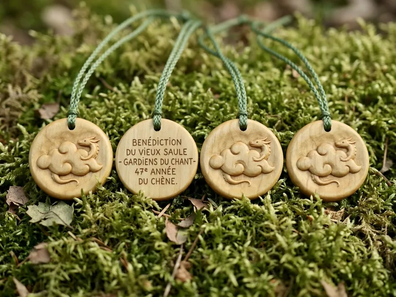 Petit médaillon en bois de saule sculpté, motif d'un nuage avec un dragon-vent enroulé autour, accroché à un fil de soie verte