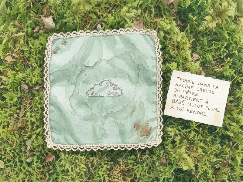 Petit mouchoir en soie verte avec un nuage brodé en fil blanc, posé sur de la mousse