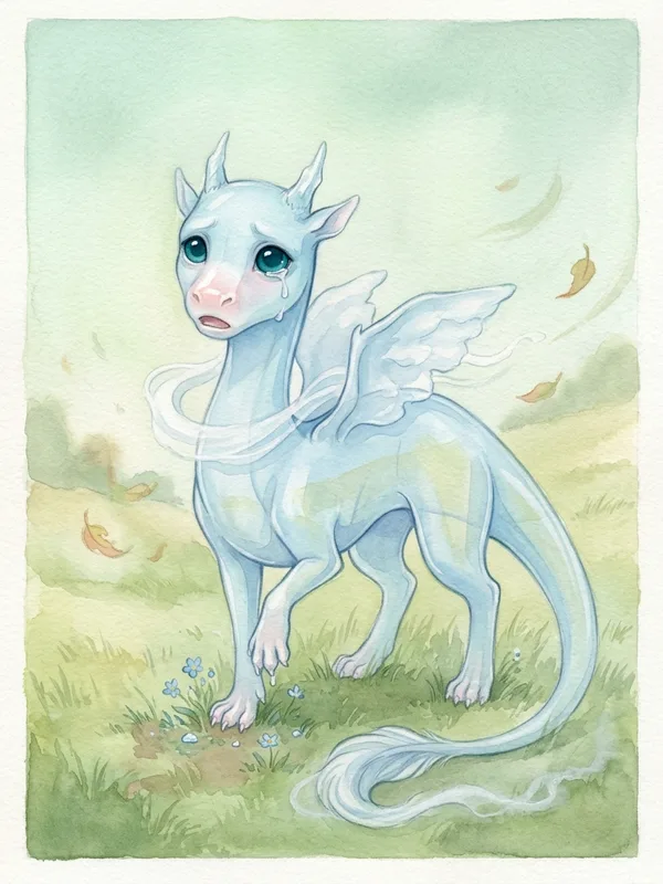 Brise le petit dragon-vent, transparent comme un voile bleu pâle, yeux ronds humides, voile de brume autour du cou