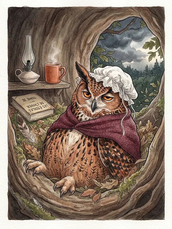 Madame Hibou Sage, hibou grand-duc avec coiffe de nuit en dentelle et châle bordeaux, demi-réveillée dans son trou