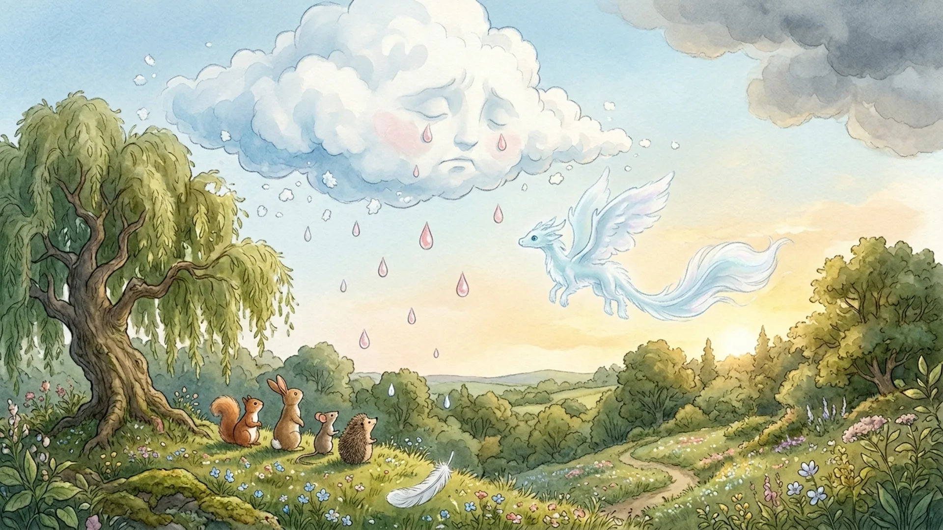 Le nuage-maman cumulus avec un visage de mère ému, descend en spirale lente. Brise vole à mi-hauteur pour la rejoindre