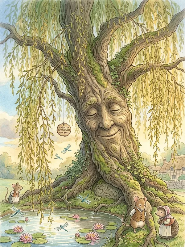 Portrait du Vieux Saule, visage sculpté dans son écorce avec deux yeux fermés et un demi-sourire serein