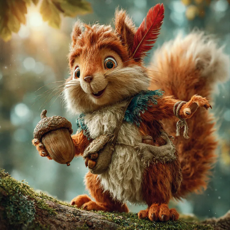 Noix l'écureuil roux, plume rouge derrière l'oreille, tient un gland entre ses pattes