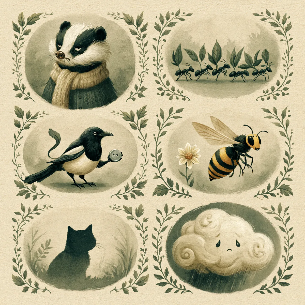 Six figures à apprivoiser : blaireau grognon, file de fourmis, pie voleuse, guêpe susceptible, chat lointain, nuage d'orage