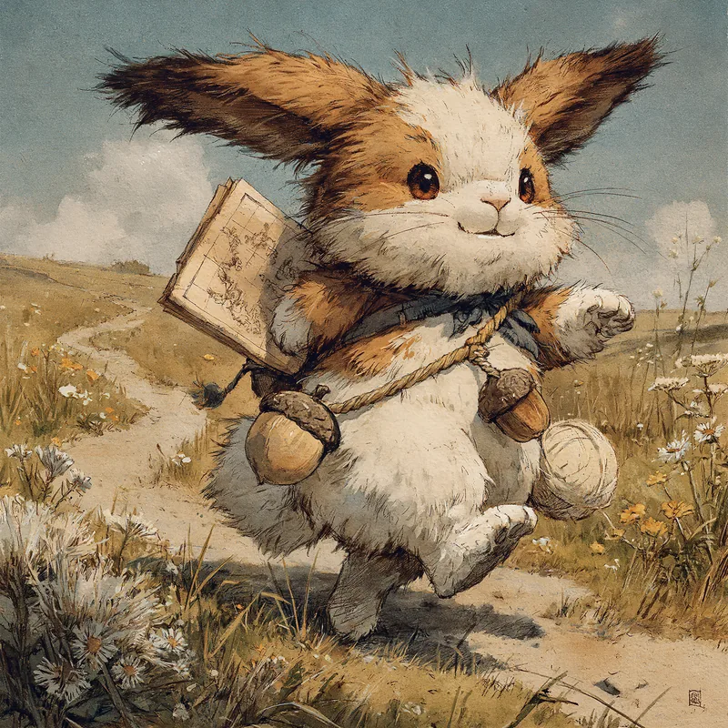 Pompon le lapin brun et blanc, messager du village, carte froissée sous le bras