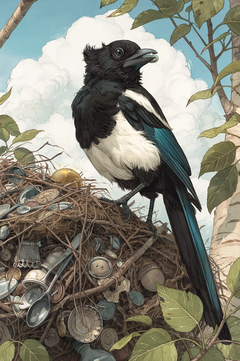 Nid de Pattepie la pie au sommet d'un peuplier, rempli de trésors brillants