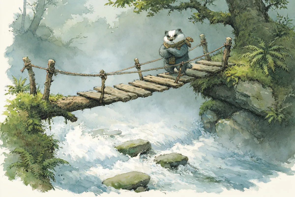 Pont fait d'une branche au-dessus d'un ruisseau, Monsieur Grognon le vieux blaireau garde la rive