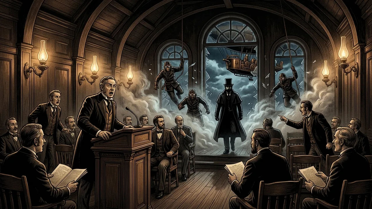 Robur surgit dans l'assemblee du Weldon Institute, Philadelphie 1886, JDR Express