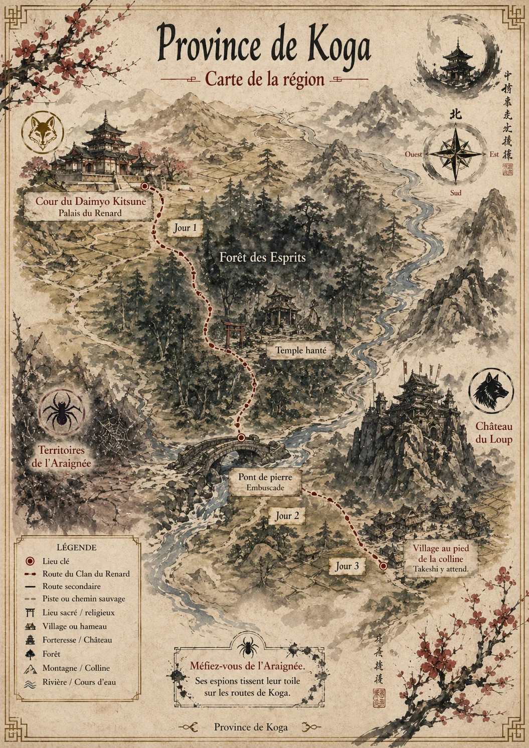 Carte annotée de la Province de Koga pour le MJ : Jour 1 dans la Forêt des Esprits, Temple hanté, Pont de pierre embuscade Jour 2, Village de Takeshi Jour 3