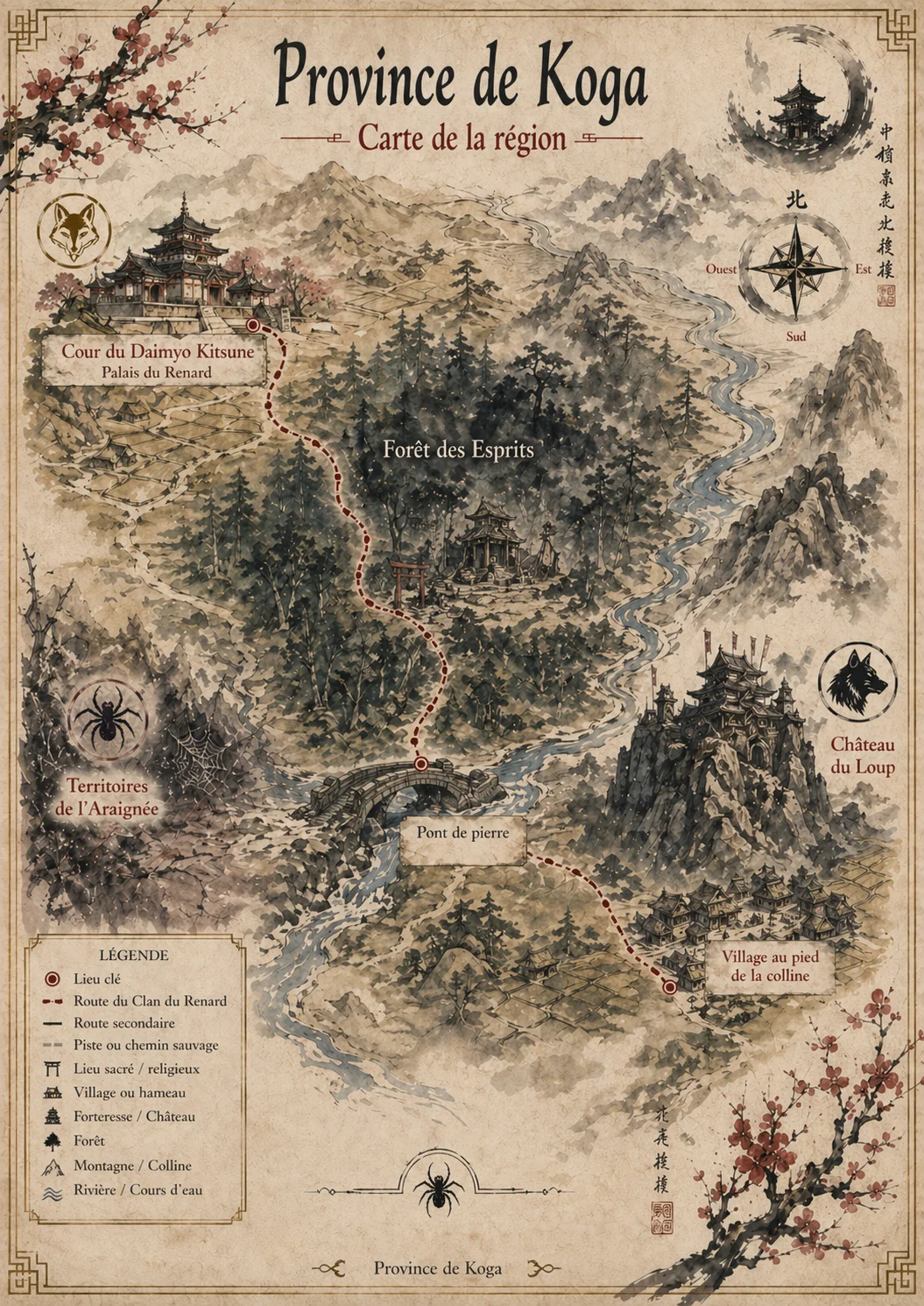 Carte de la Province de Koga : Cour du Daimyō Kitsune, Forêt des Esprits, Pont de pierre, Territoires de l'Araignée, Château du Loup, Village au pied de la colline