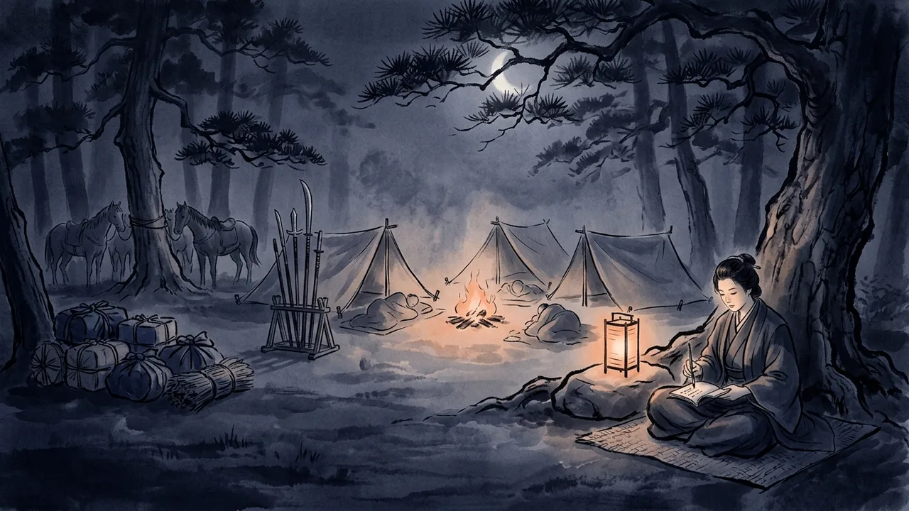 Bivouac de nuit sous des pins centenaires, feu de camp central, trois tentes basses en toile de chanvre, Akane assise a l'ecart contre une racine ecrivant a la lueur d'une lanterne chochin