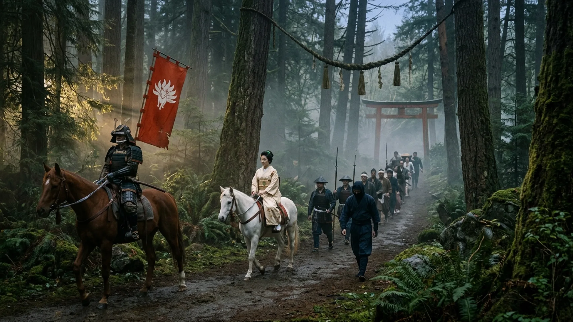 Cortege d'escorte samourai cheminant entre les pins centenaires de la Foret des Esprits, Dame Akane sur cheval blanc encadree par le Bushi et le Shinobi, brume basse, aube de printemps Sengoku