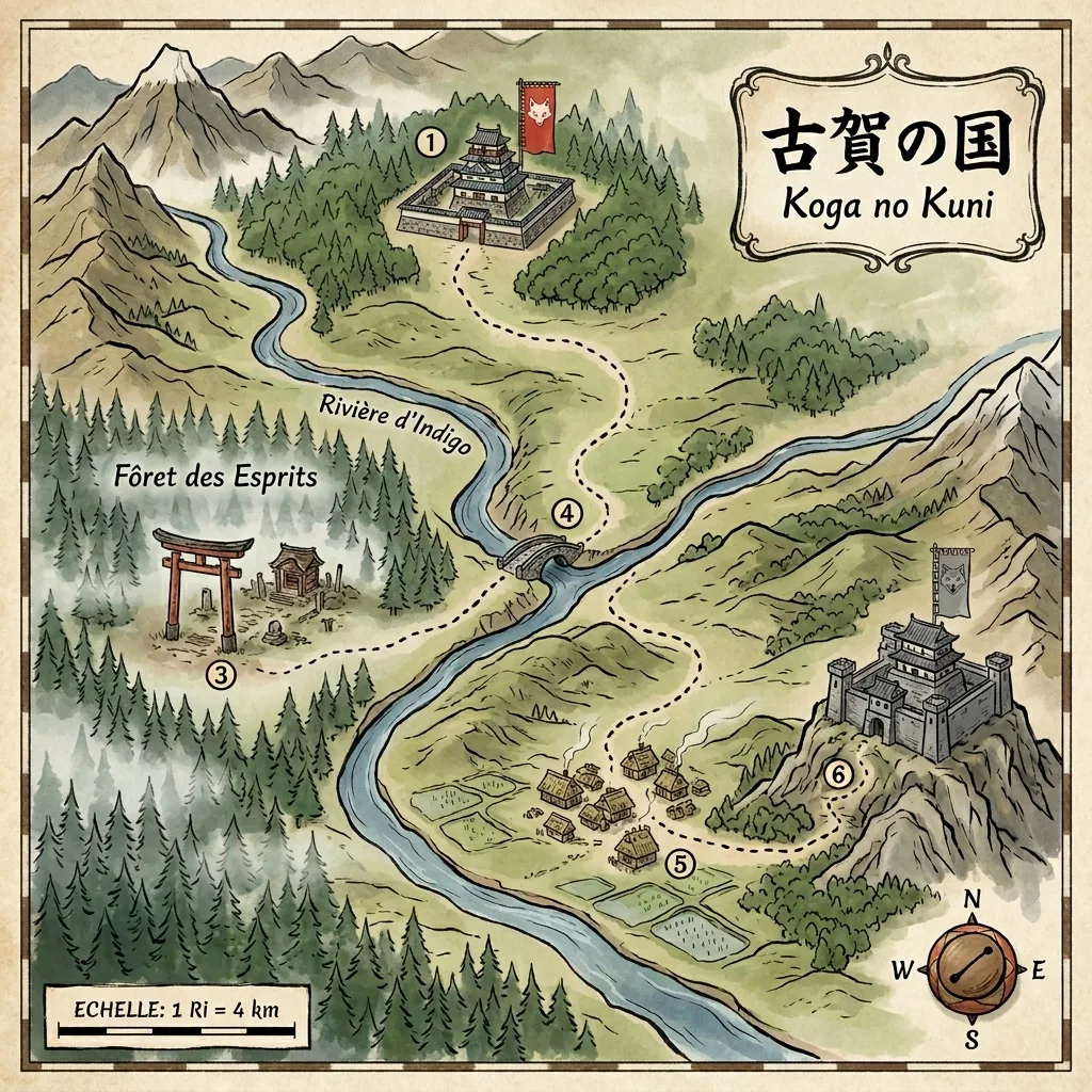 Carte tactique stylisee facon estampe Edo de la Province de Koga avec six points : Cour Kitsune, Foret des Esprits, Temple Shinto Hante, Pont de Pierre, village au pied de la colline, Chateau du Loup