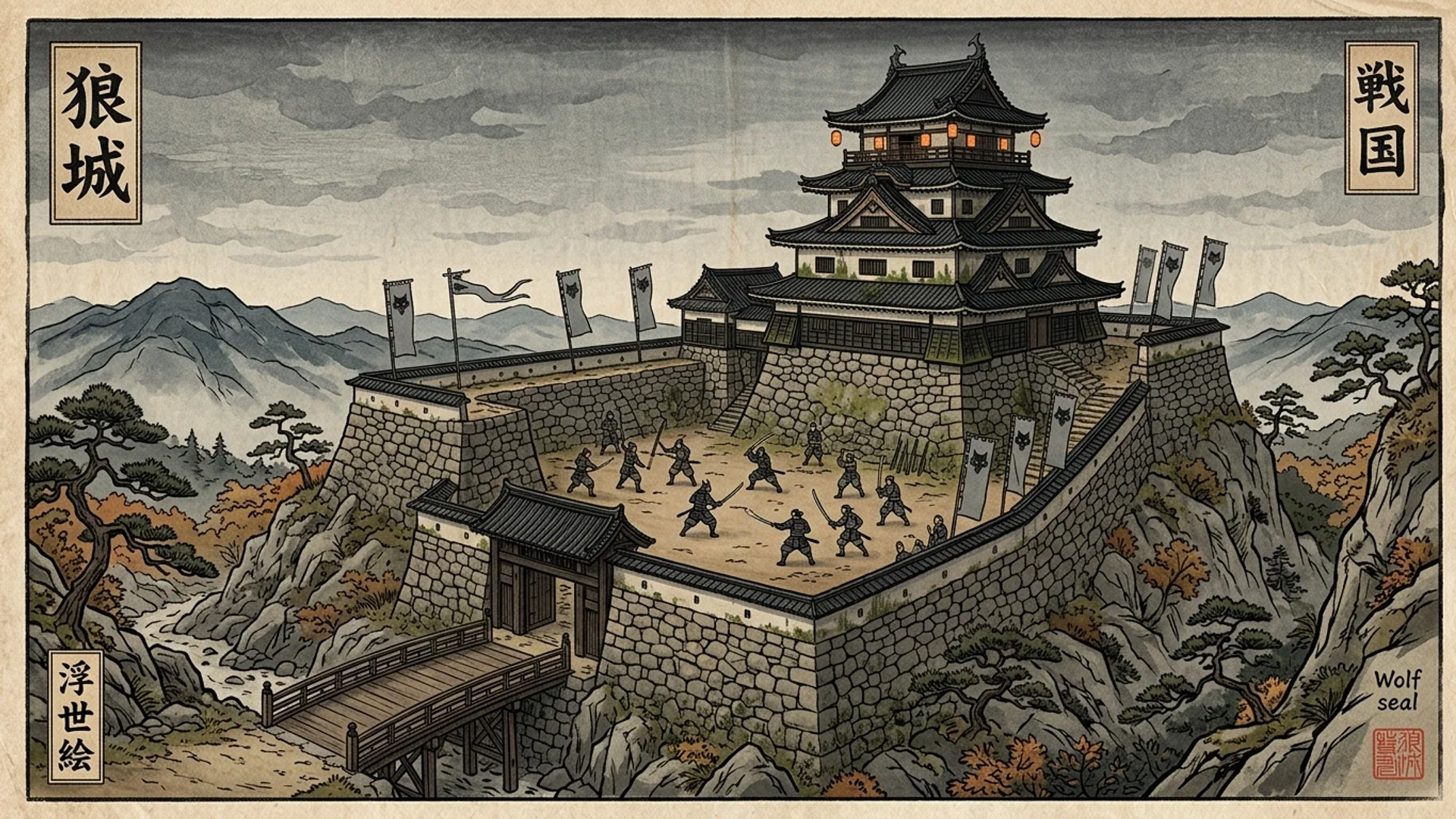 Forteresse Sengoku Okami perchee sur une colline rocailleuse, donjon central tenshukaku a cinq etages aux toits de tuiles noires, mur d'enceinte en pierres ishigaki, bannieres grises au mon du Loup