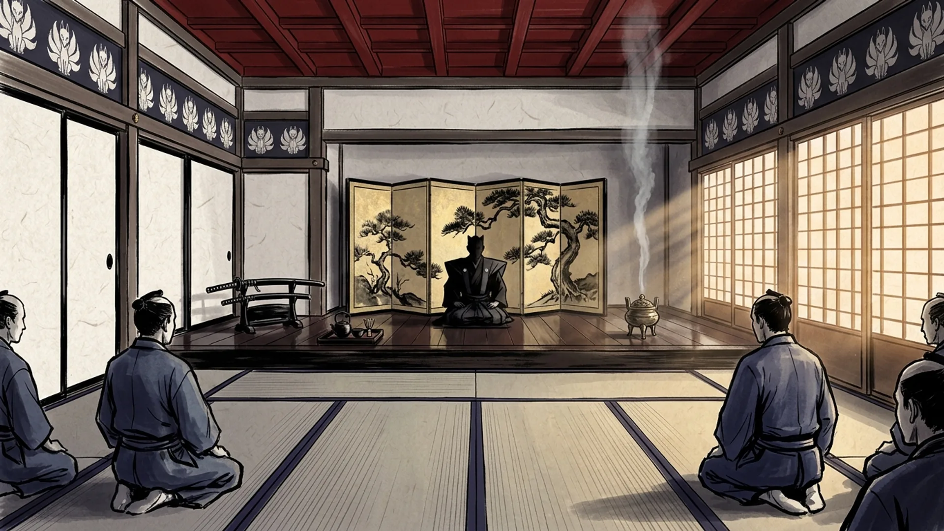 Salle d'audience du donjon Kitsune, estrade haute en bois sombre, paravent byobu dore a motif de pin, brule-encens en bronze, tatamis ourles d'indigo, mon Renard repete sur les fusuma