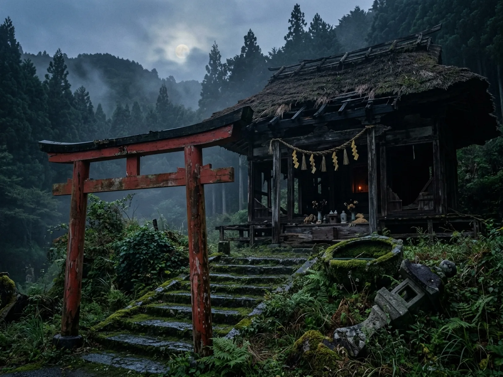 Vieux temple shinto en ruine au creux d'un vallon, toit en chaume a demi effondre, torii vermillon decolore et fissure, mousse luisante sur les marches de pierre, offrandes pourries au crepuscule bleute
