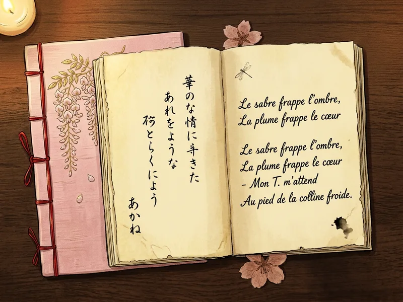 Petit carnet hori-bon ouvert, couverture soie rose pale brodee de petales de glycine, calligraphie feminine onnade a l'encre noire, fleur de cerisier sechee pressee entre les pages