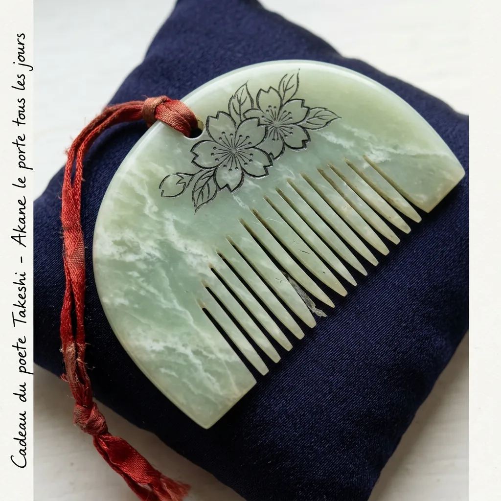 Peigne traditionnel kushi en jade vert pale veine de blanc, dents fines, motif de cerisier en fleur grave a l'encre noire, lien de soie rouge, pose sur un coussin indigo