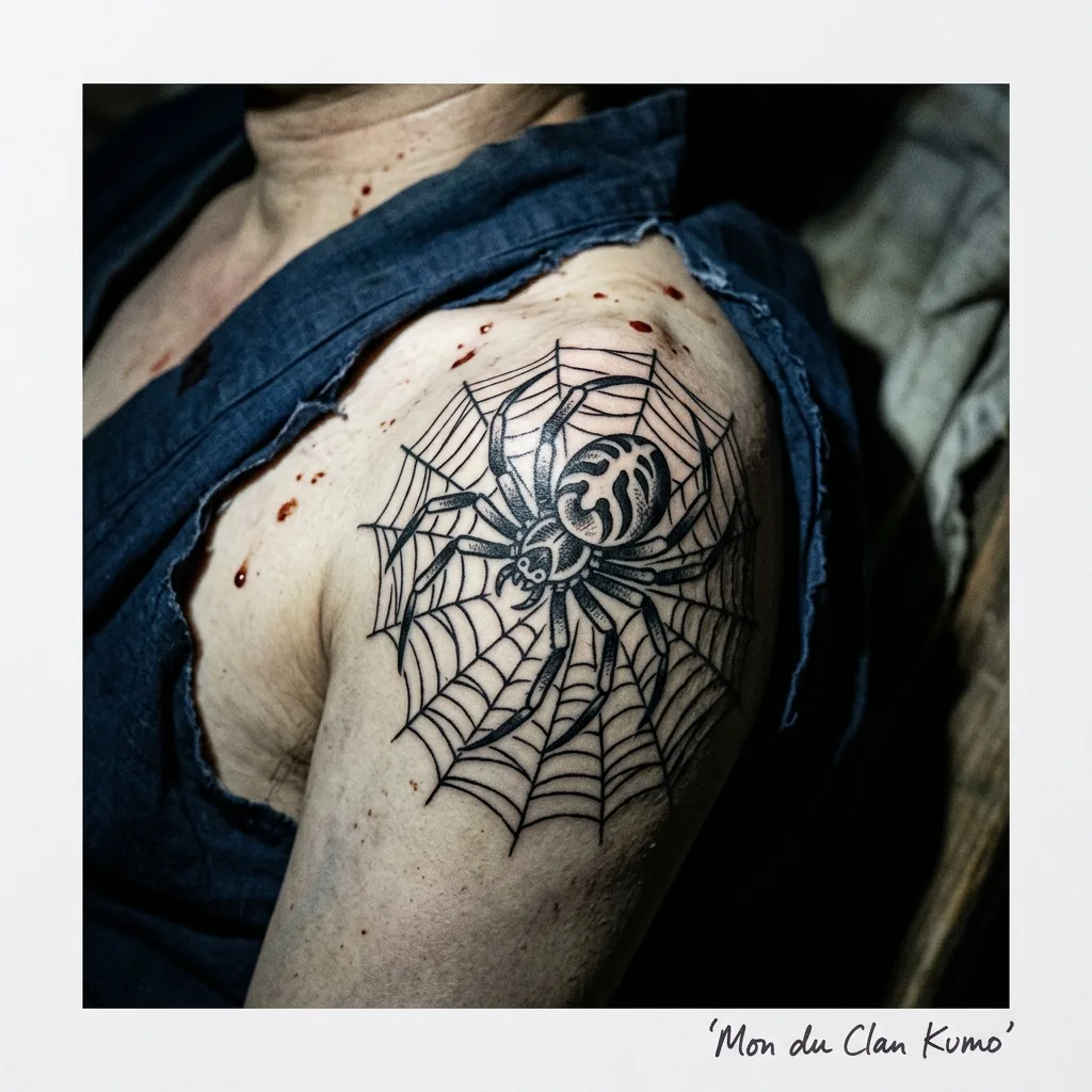Gros plan d'un tatouage horimono noir representant une araignee jorogumo aux pattes arquees sur une toile, sur l'epaule droite d'un cadavre de ronin, style irezumi traditionnel