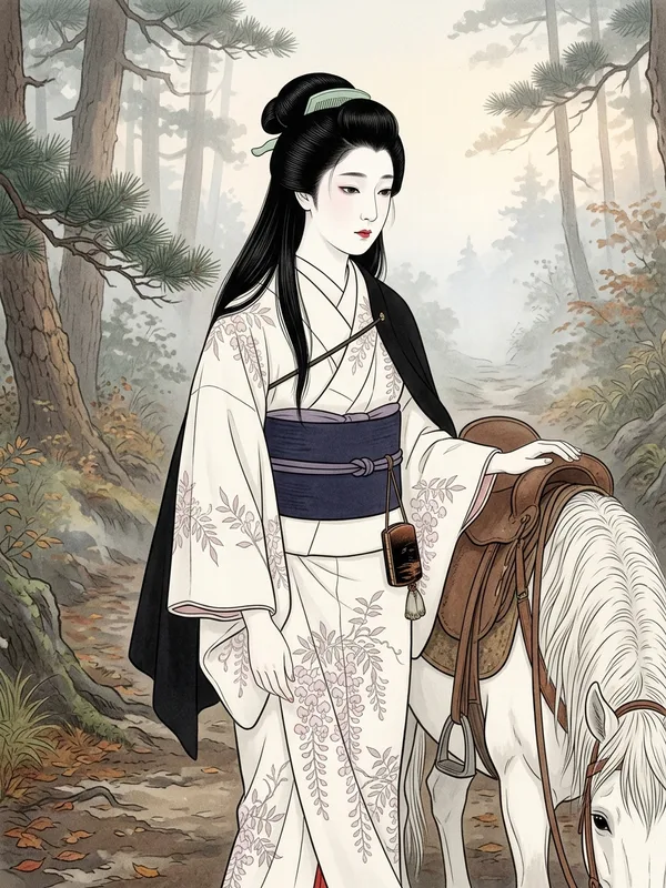 Dame Akane, jeune femme japonaise 19 ans, peau poudree d'oshiroi, furisode de voyage en soie blanche brodee de glycines mauves, peigne de jade vert dans les cheveux, regard mélancolique