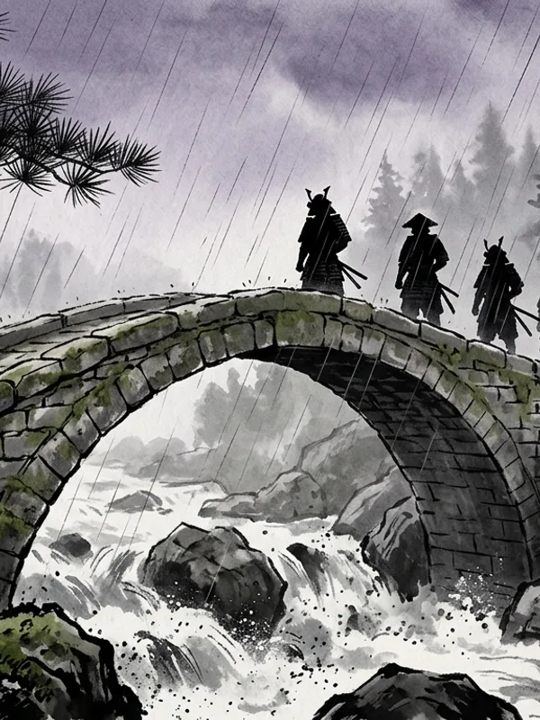 Goro le Boucher, ronin du Clan de l'Araignee, stature massive, armure do-maru noire ecaillee, naginata en garde basse, cicatrice a la joue, debout en travers du pont de pierre