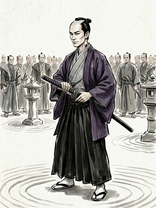Hayato l'Ombre de l'Araignee, bretteur d'elite Clan Kumo, 32 ans, kimono gris cendre sous haori violet sombre, posture d'iaijutsu, sourire fin, tatouage araignee montant a la nuque