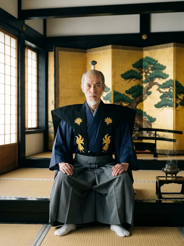 Daimyo Kitsune Hiroshi, vieil homme barbe blanche, kataginu noir brode du mon Renard a neuf queues, assis en seiza sur l'estrade tatami du donjon