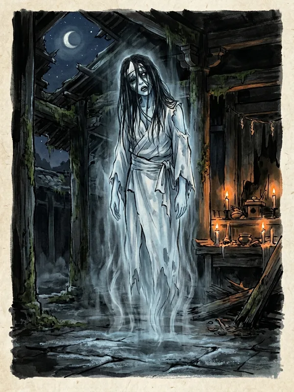 Onryo translucide, esprit vengeur d'un moine assassine, kyokatabira blanc deteint, hitaikakushi triangulaire blanc sur le front, cheveux noirs collants, jambes dissoutes en brume verticale dans les ruines