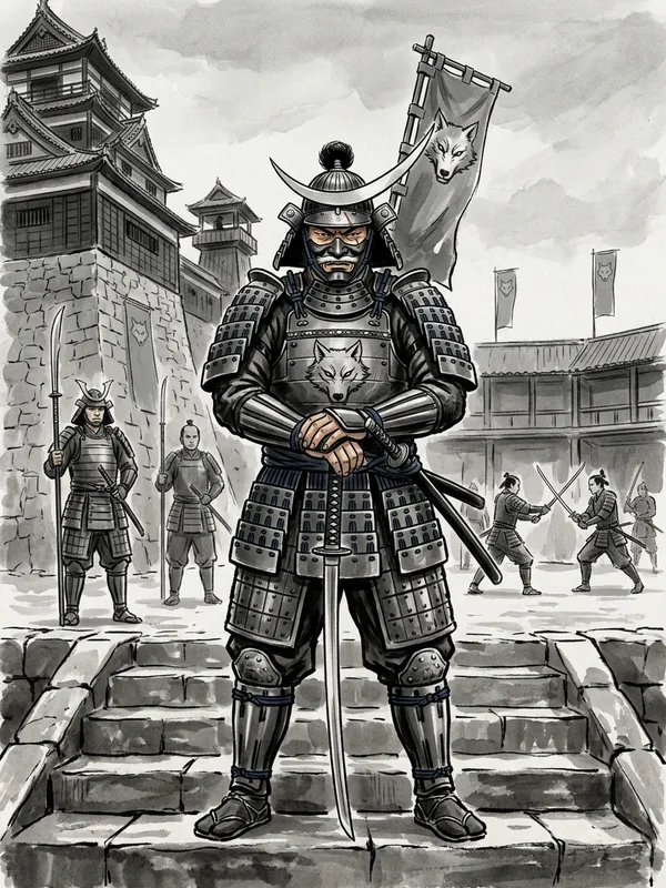 Seigneur Okami Tetsuo, daimyo du Clan du Loup, 35 ans, stature imposante, o-yoroi gris fer rehaussee de cuir noir, cicatrice traversant l'œil droit, kabuto en croissant, sashimono au mon du Loup