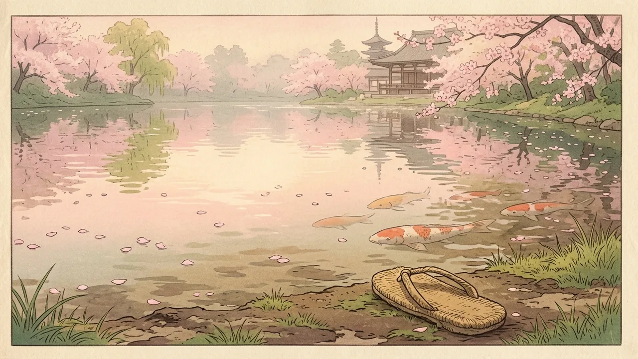Plan rapproche de l'etang Osawa du Daikaku-ji a l'instant ou la ceremonie Ohanami commence, petales roses flottant en surface, koi-carpes orange, une botte de paille zori abandonnee sur la berge