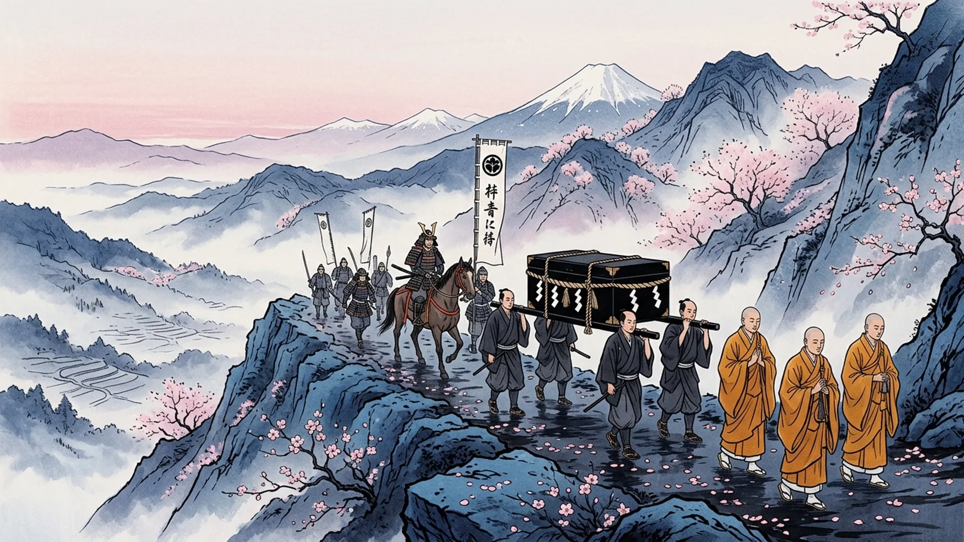 Procession de samourais et moines escortant un coffre laque noir ceint de shimenawa sur une route de montagne de Yamashiro, premieres floraisons de cerisiers, aube mauve-rose, neige fine sur les sommets