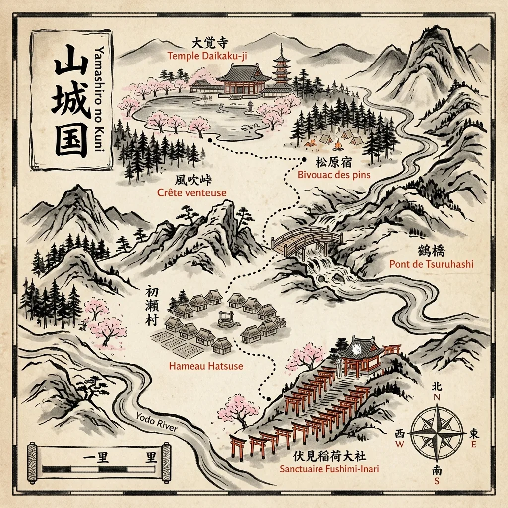 Carte tactique stylisee facon estampe Edo de la province de Yamashiro, route serpentant entre Fushimi-Inari et Daikaku-ji avec hameau Hatsuse, pont Tsuruhashi, crete venteuse et bivouac des pins