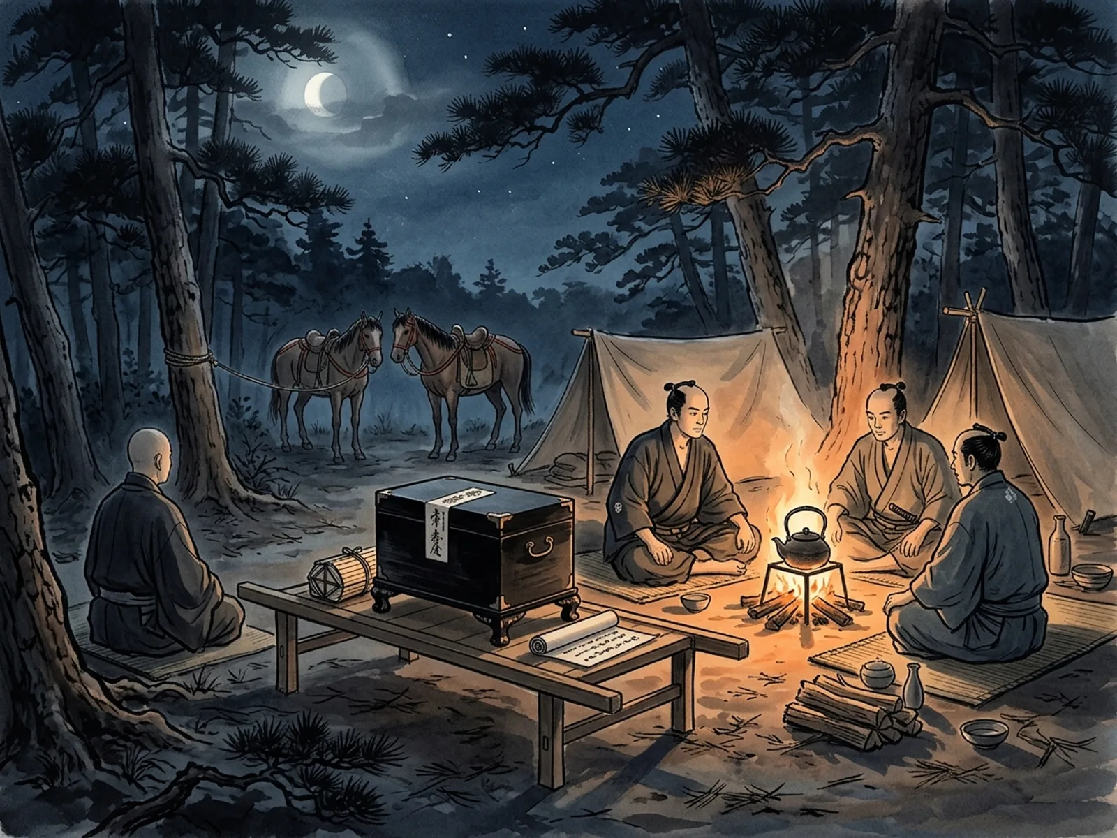 Bivouac dans une clairiere de pins, coffre laque place au centre sur un brancard sureleve avec sceau de papier visible, quatre PJ samourais autour d'un feu, lanterne chochin, lune voilee