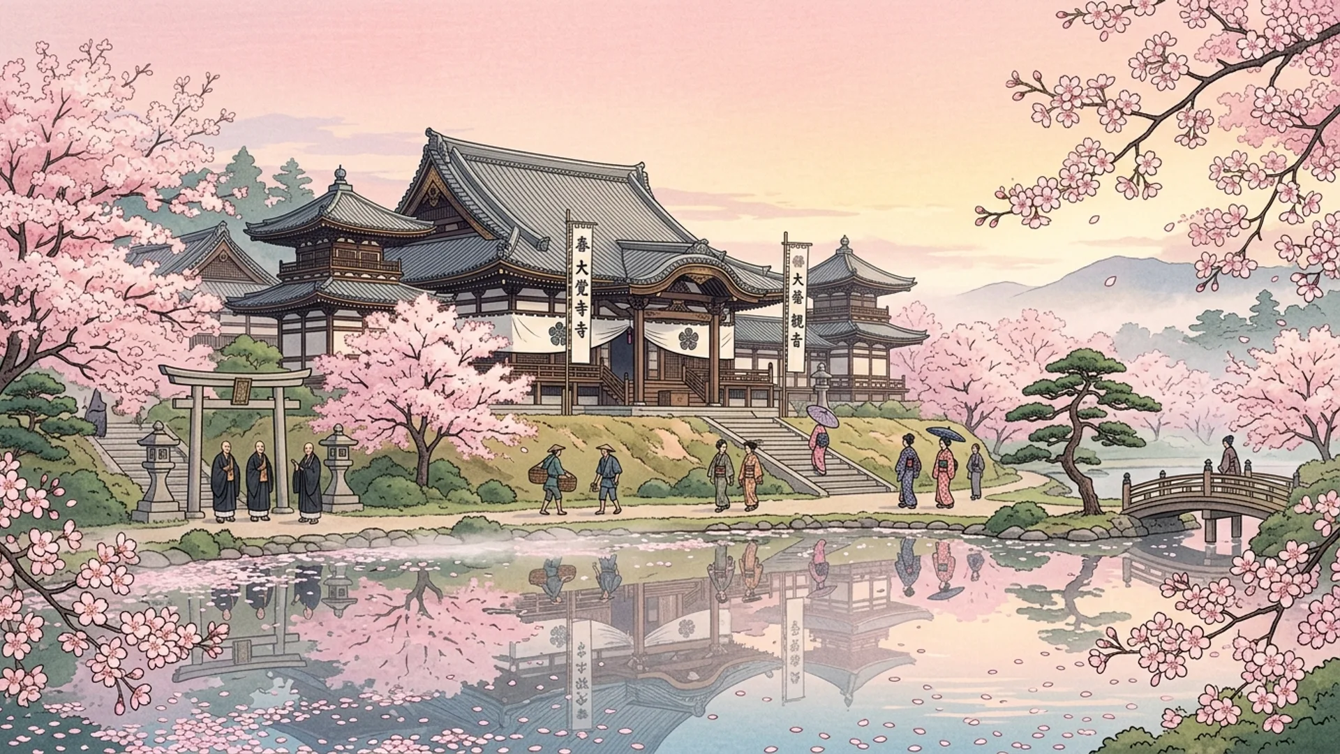 Vue panoramique du temple Daikaku-ji a l'aube de l'Ohanami, pavillon hondo aux toits de tuiles grises, etang Osawa refletant les premiers cerisiers en fleur, foule discrete de moines et nobles