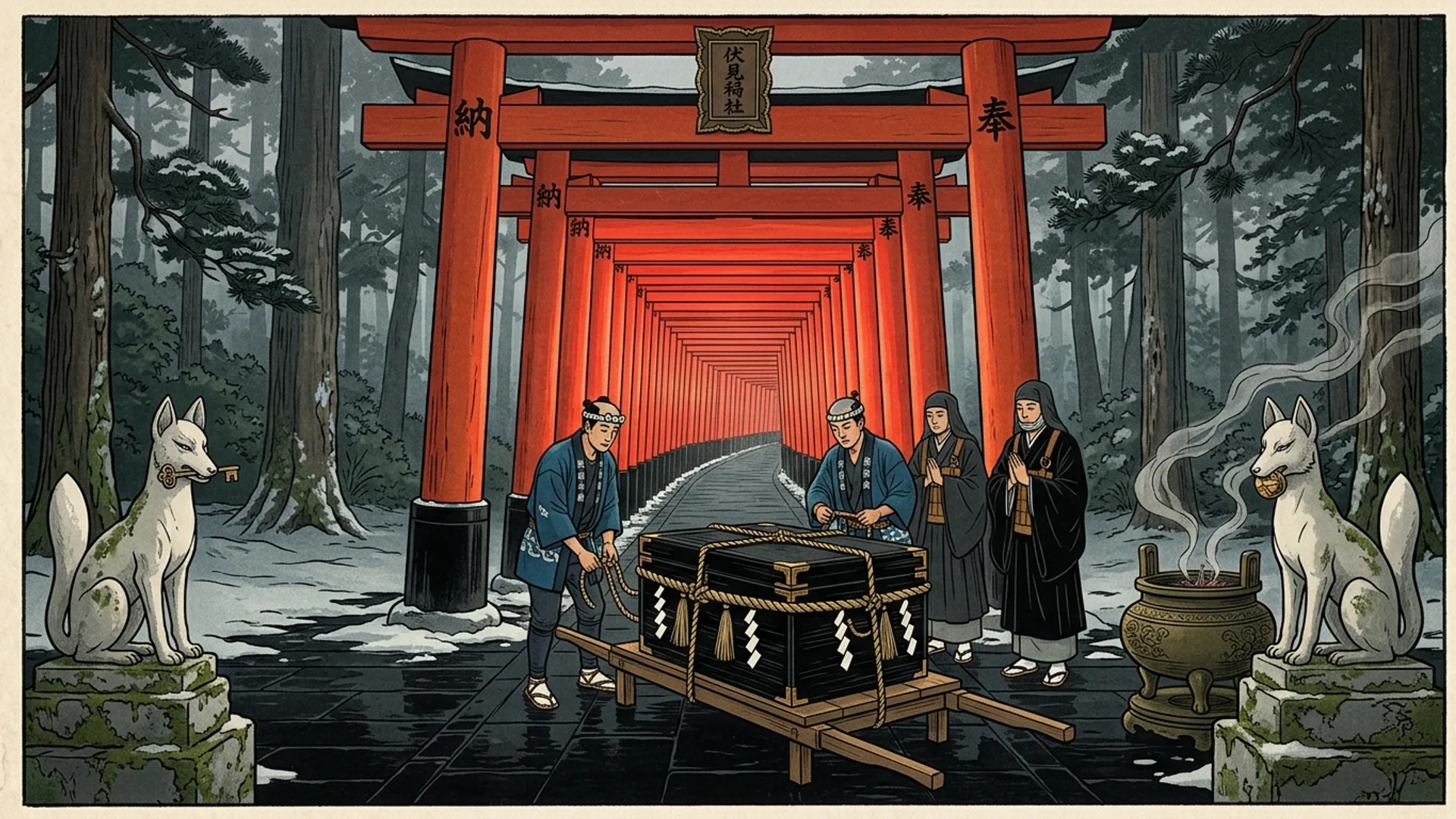 Tunnel des mille torii vermillon de Fushimi-Inari en perspective fuyante, sol de pierre noire, neige fine residuelle, statues kitsune-fox blanches, brule-encens fumant, coffre laque noir au premier plan