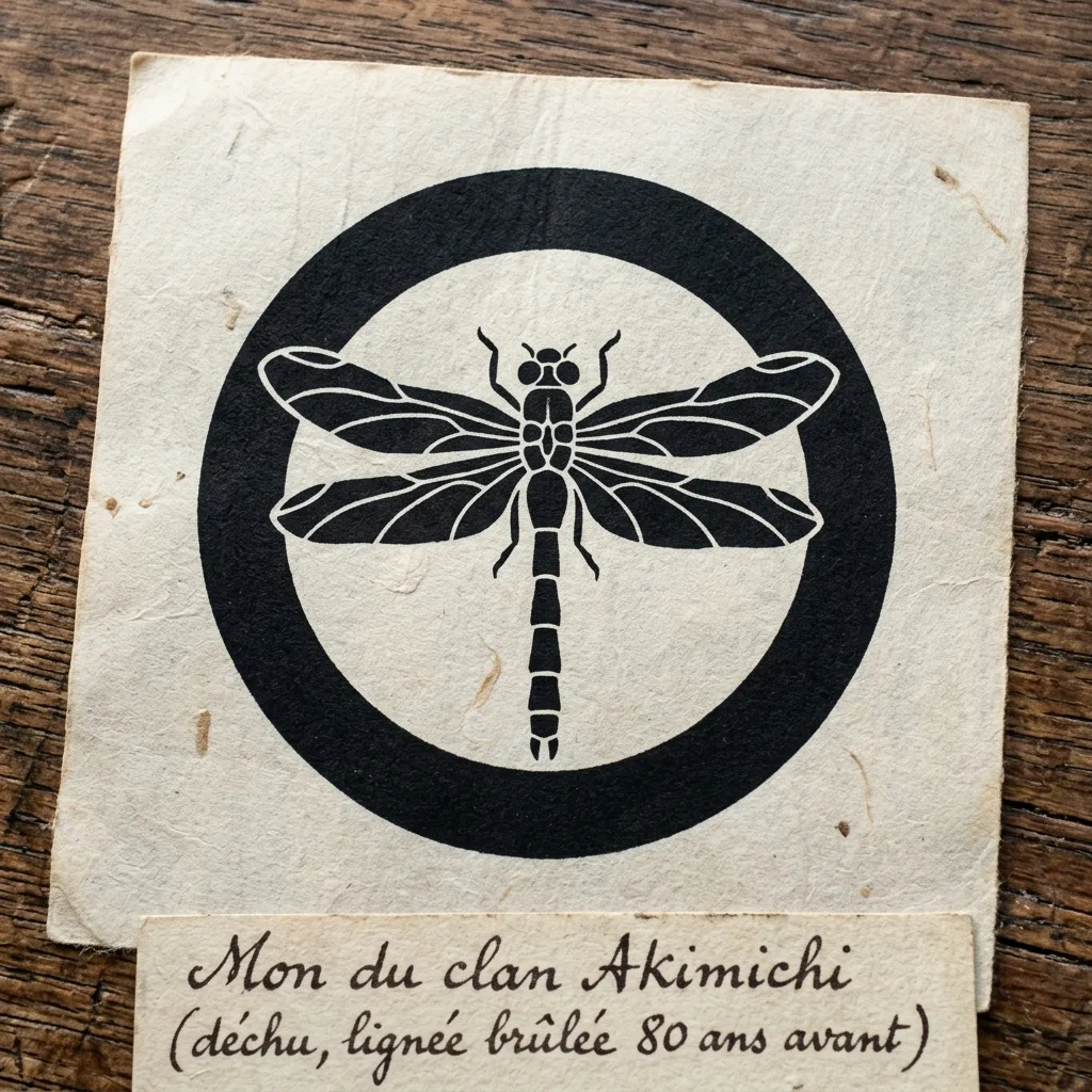 Embleme circulaire noir et fer sur fond pale, libellule tombo stylisee aux ailes ouvertes brodee sur tissu de soie noire, mon japonais traditionnel du clan Akimichi dechu