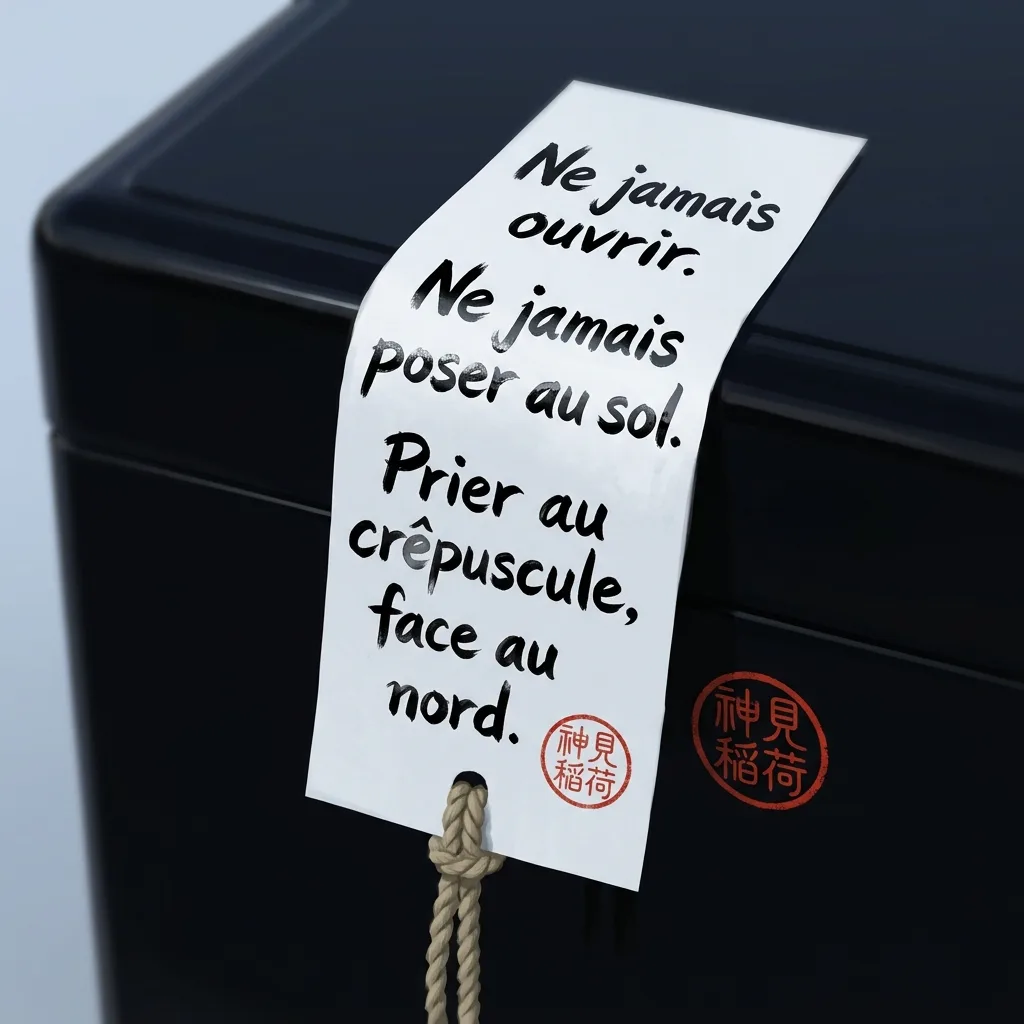 Bande de papier washi blanc traversee d'ideogrammes kanji noirs verticaux, cordelette de chanvre tressee, sceau circulaire rouge cinabre du sanctuaire Fushimi-Inari, regle sacree du coffre